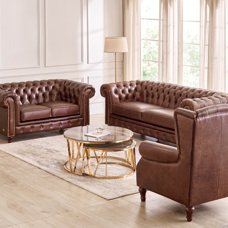 Chesterfield Leather 2+3 Seater Sofa Set with Wing Chair - Brown