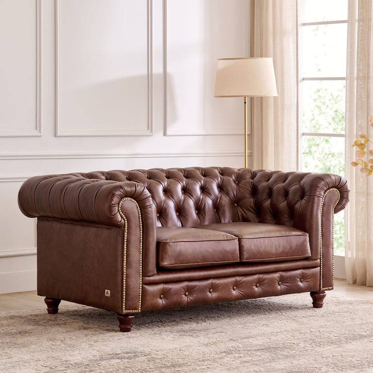 Chesterfield Leather 2+3 Seater Sofa Set with Wing Chair - Brown
