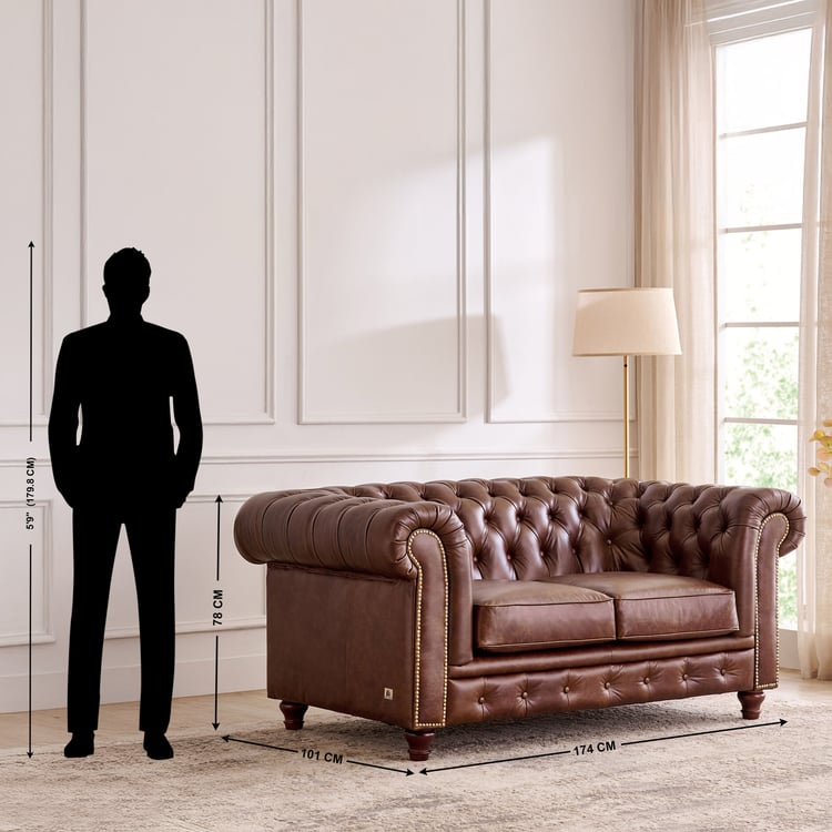 Chesterfield Leather 2+3 Seater Sofa Set with Wing Chair - Brown