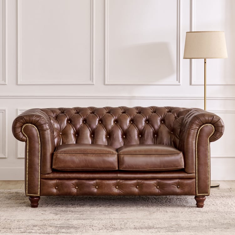 Chesterfield Leather 2+3 Seater Sofa Set with Wing Chair - Brown