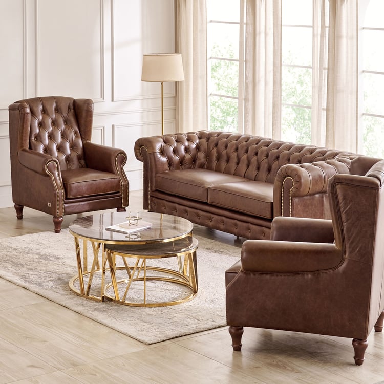 Chesterfield Leather 3 Seater Sofa with 2 Wing Chairs - Brown