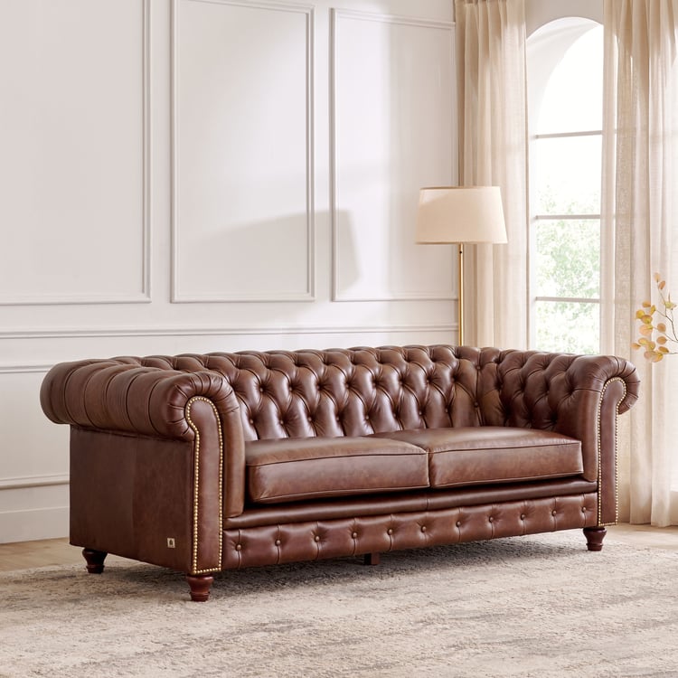 Chesterfield Leather 3 Seater Sofa with 2 Wing Chairs - Brown