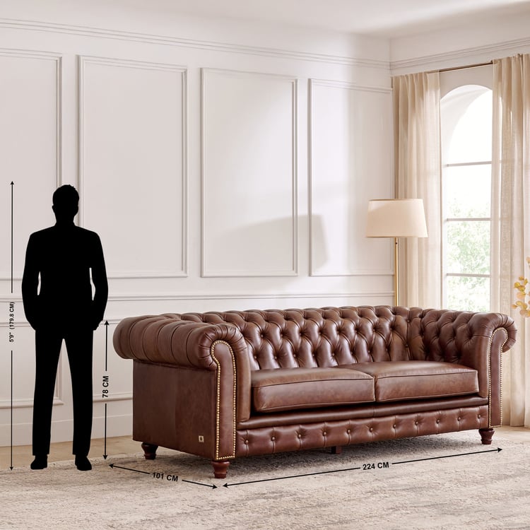 Chesterfield Leather 3 Seater Sofa with 2 Wing Chairs - Brown