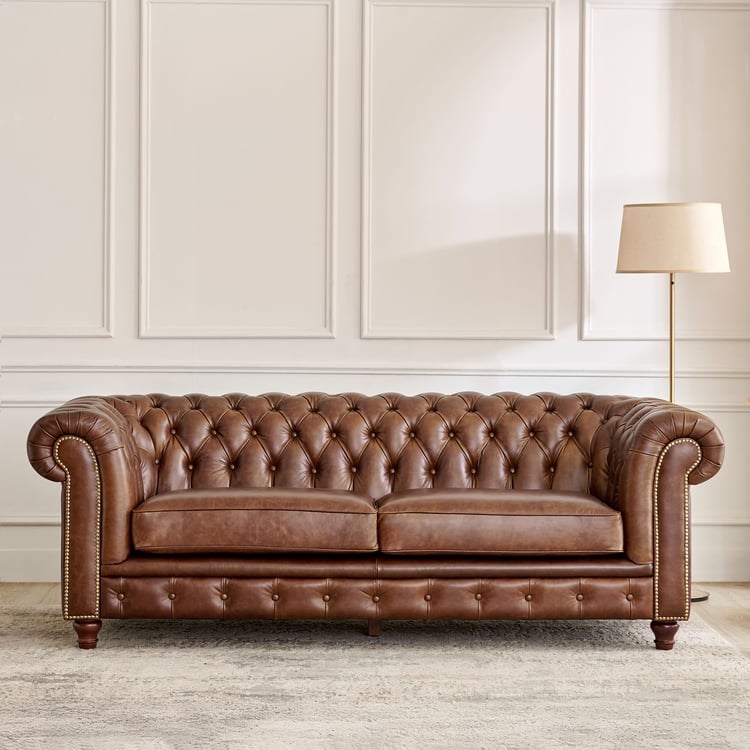 Chesterfield Leather 3 Seater Sofa with 2 Wing Chairs - Brown