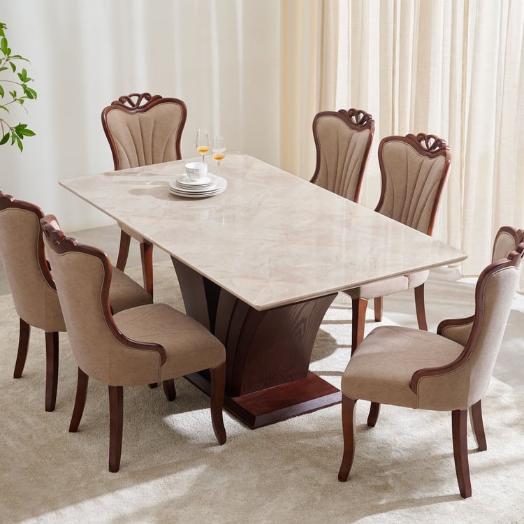 Empire Art Marble Top 6-Seater Dining Set with Chairs - Brown