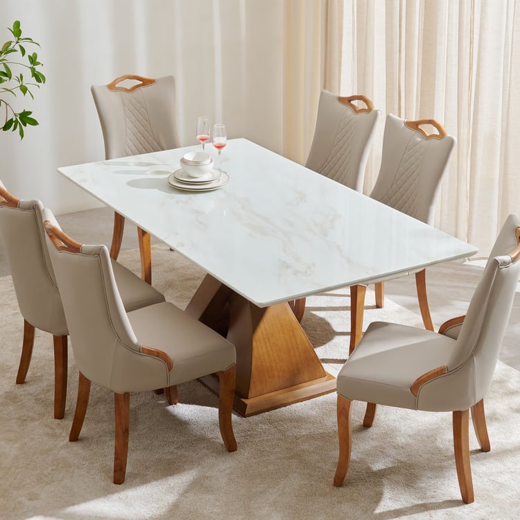 Prince Art Marble Top 6-Seater Dining Set with Chairs - White