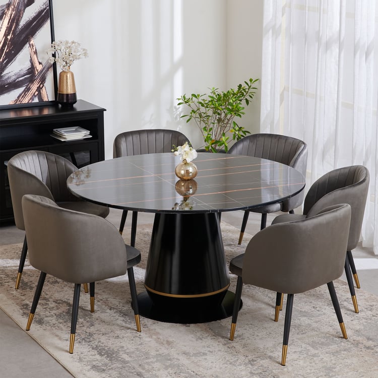 Oyster Faux Marble Top 6-Seater Dining Set with Aristo Chairs - Black and Grey