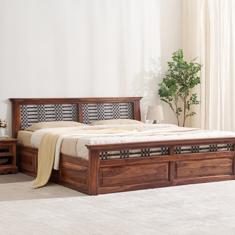 Helios Kian Sheesham Wood Queen Bed with Box Storage - Brown