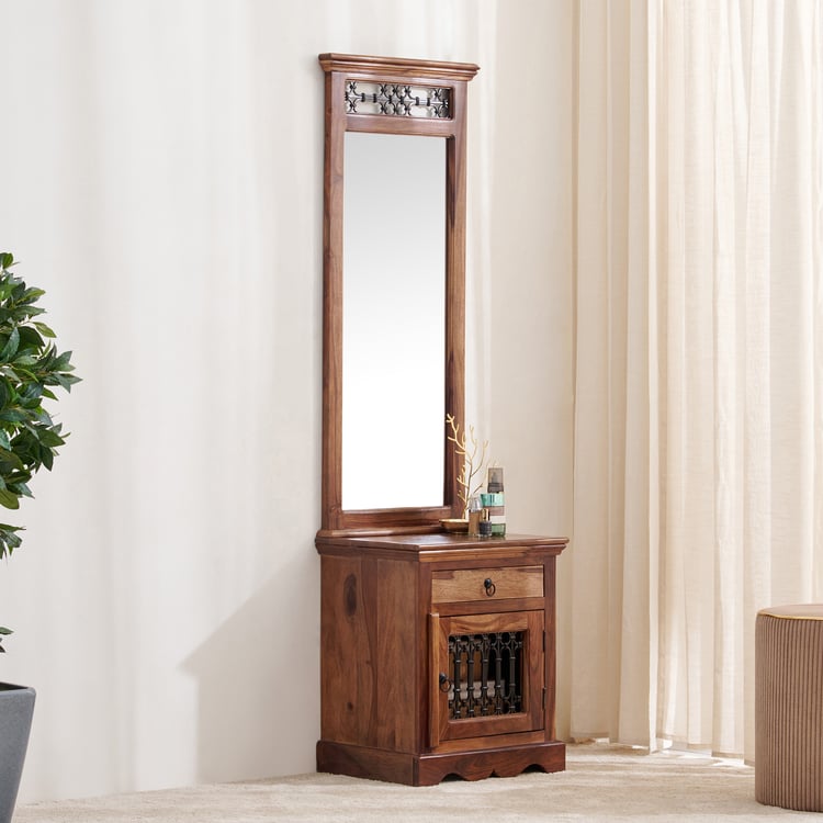 Helios Kian Sheesham Wood Dresser Mirror with Drawer - Brown