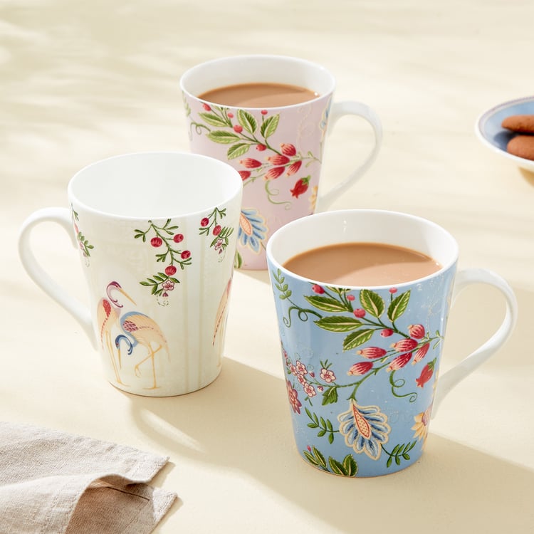 Mandarin Crane Set of 3 Bone China Printed Coffee Mugs - 340ml