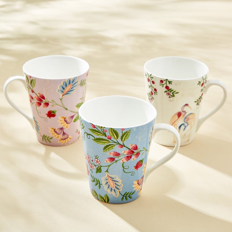 Mandarin Crane Set of 3 Bone China Printed Coffee Mugs - 340ml