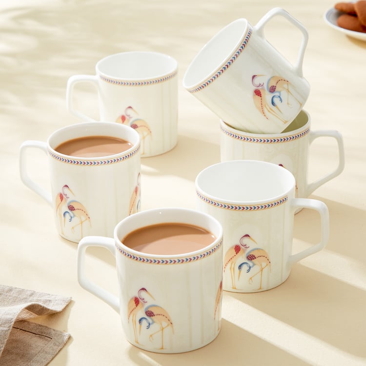 Mandarin Crane Set of 6 Bone China Printed Coffee Mugs - 230ml