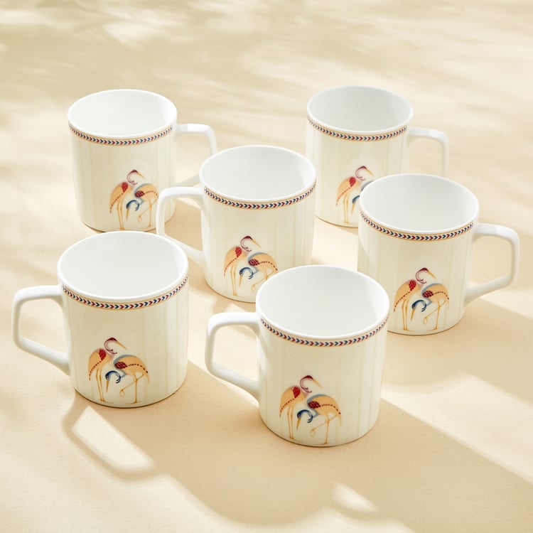 Mandarin Crane Set of 6 Bone China Printed Coffee Mugs - 230ml