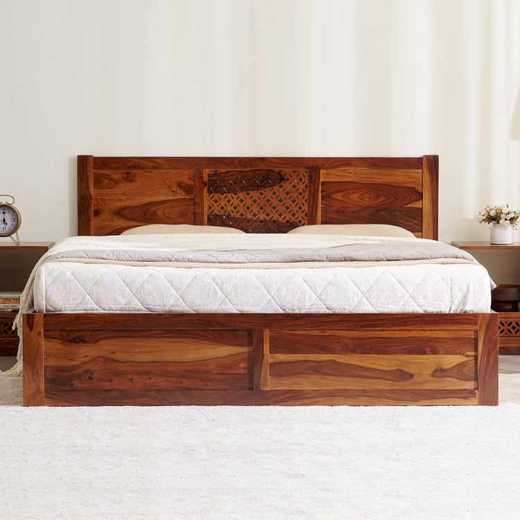 Helios Disa Sheesham Wood King Bed with Drawer Storage - Honey Brown