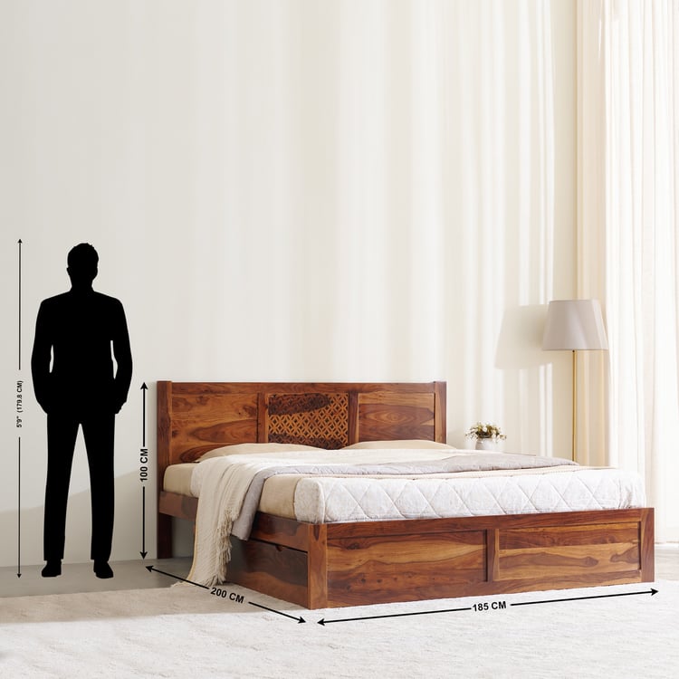 Helios Disa Sheesham Wood King Bed with Drawer Storage - Honey Brown