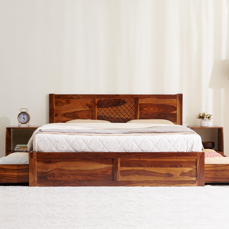 Helios Disa Sheesham Wood King Bed with Drawer Storage - Honey Brown