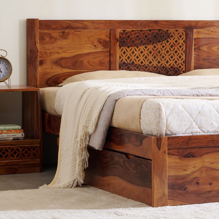 Helios Disa Sheesham Wood King Bed with Drawer Storage - Honey Brown