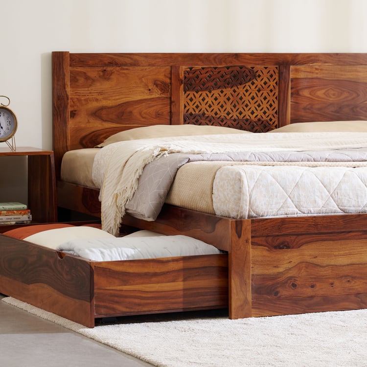 Helios Disa Sheesham Wood King Bed with Drawer Storage - Honey Brown