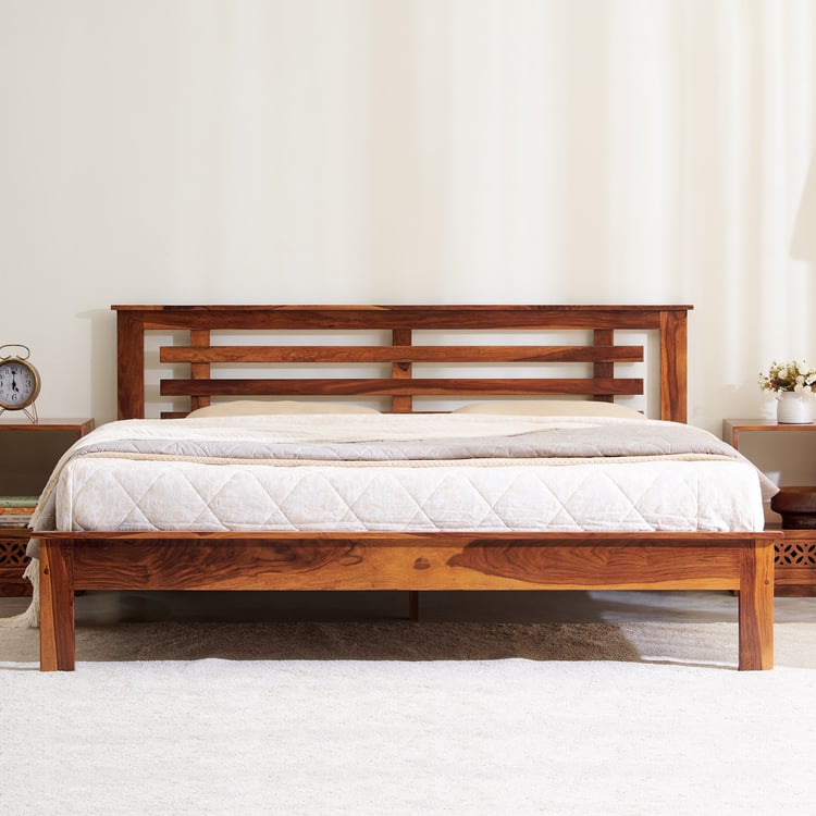 Helios Fleek Sheesham Wood King Bed - Honey Brown