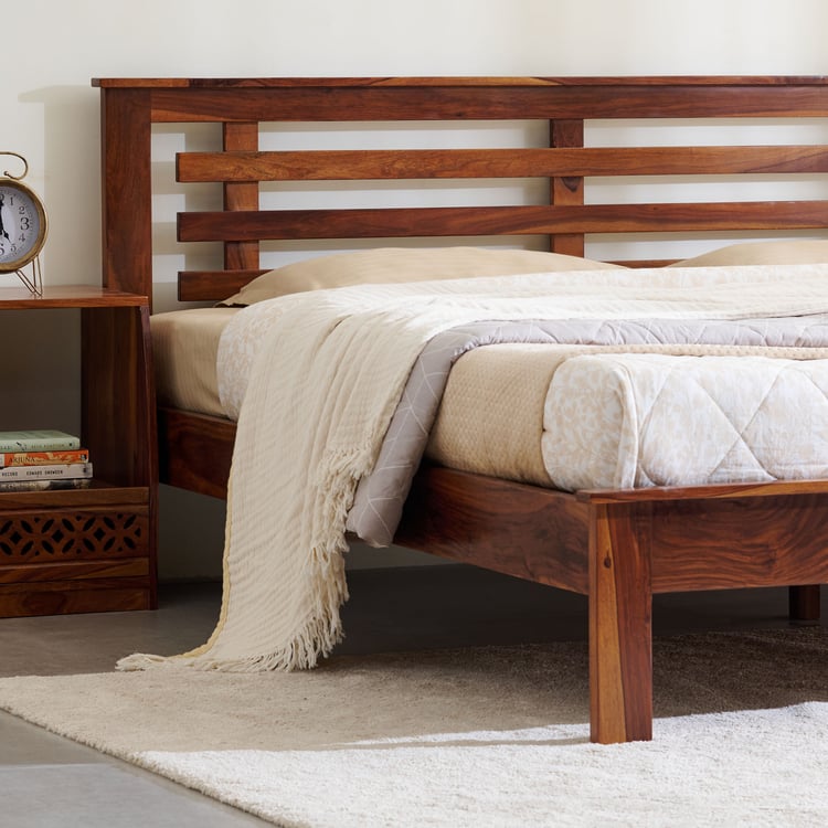 Helios Fleek Sheesham Wood King Bed - Honey Brown