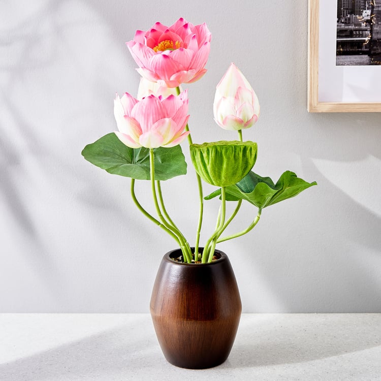 Gloria Lotus Artificial Flowers in Wood Pot