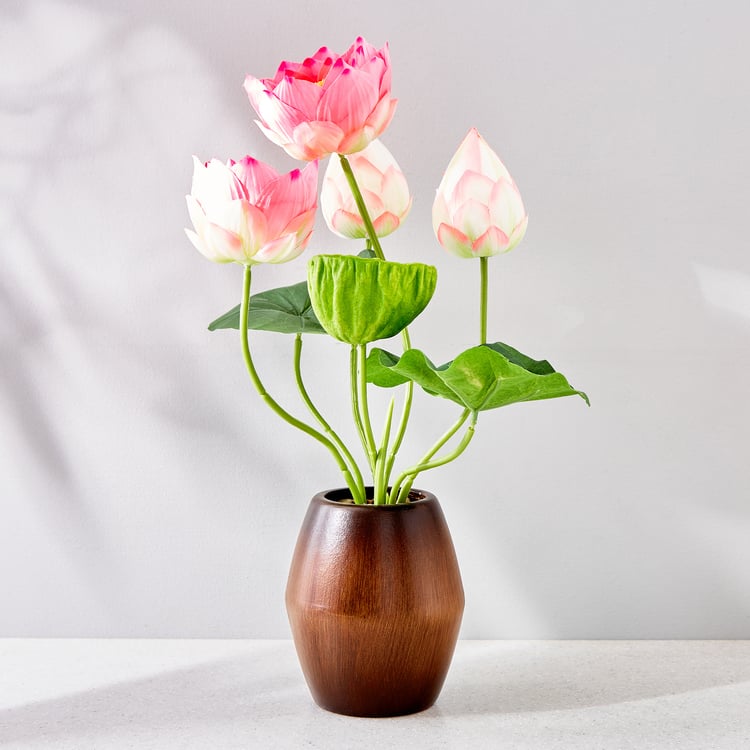 Gloria Lotus Artificial Flowers in Wood Pot