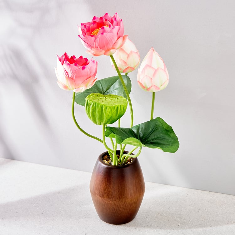 Gloria Lotus Artificial Flowers in Wood Pot