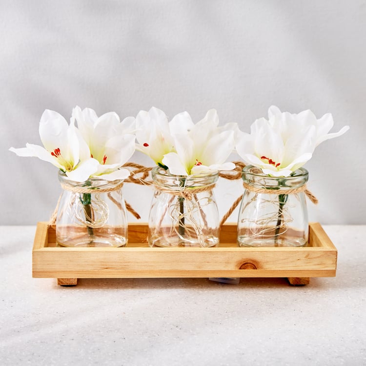 Serena Heather Set of 3 Artificial Flowers in Glass Pots with String Lights