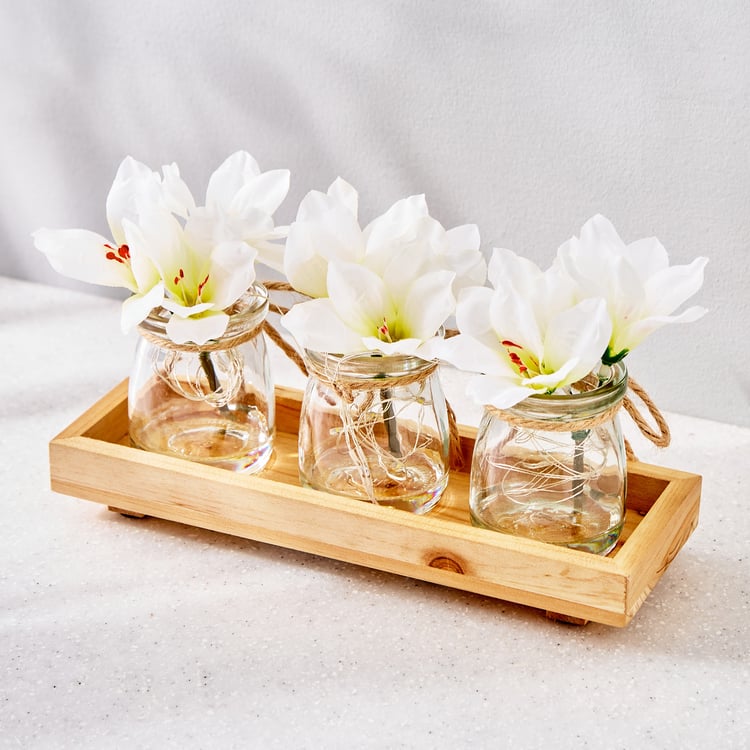 Serena Heather Set of 3 Artificial Flowers in Glass Pots with String Lights