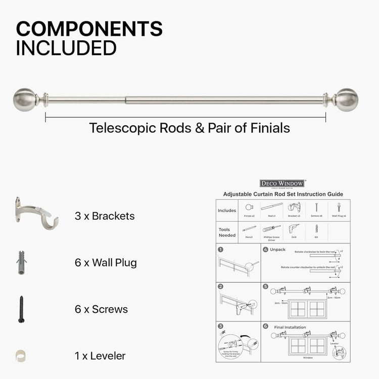 DECO WINDOW Ball Extendable Single Curtain Rod - 25mm, Satin Silver (36-66in)