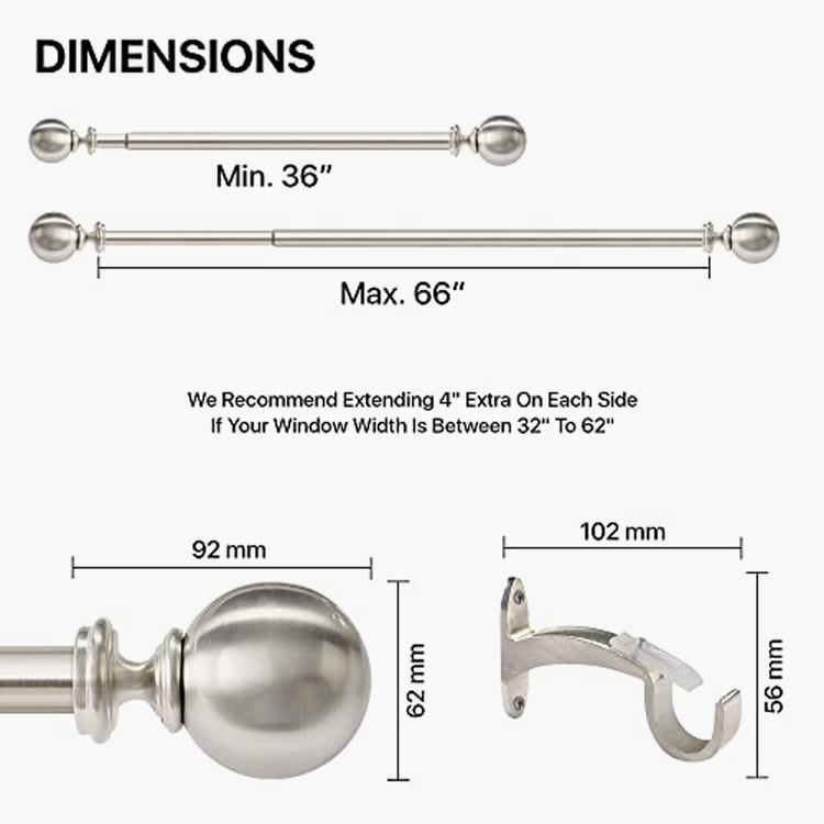 DECO WINDOW Ball Extendable Single Curtain Rod - 25mm, Satin Silver (36-66in)