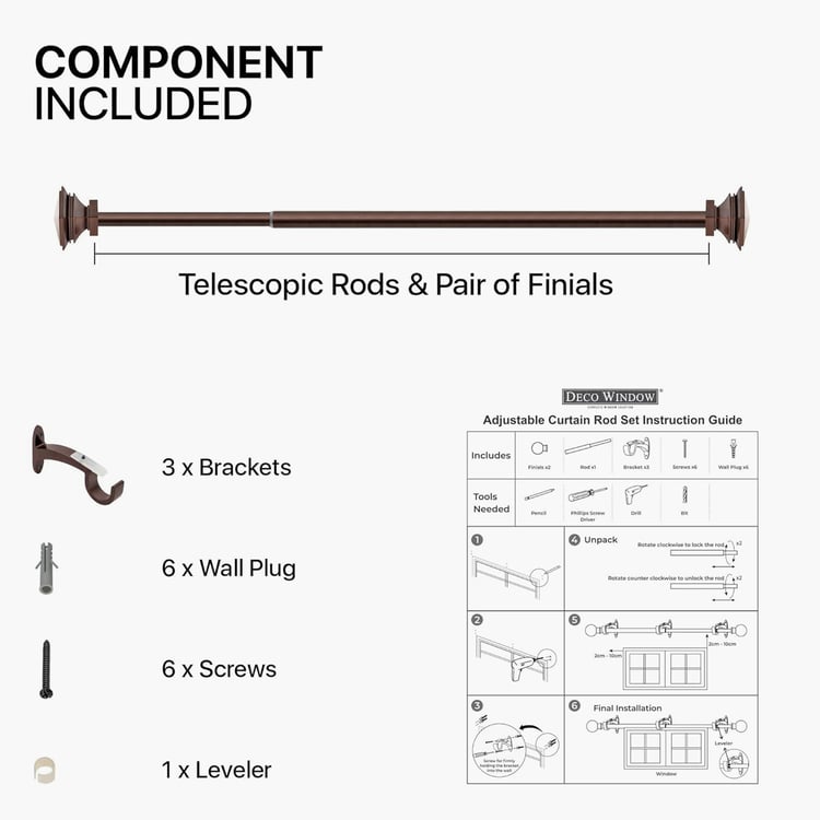 DECO WINDOW Stakd Sqaure Extendable Single Curtain Rod - 25mm, Brown (36-66in)