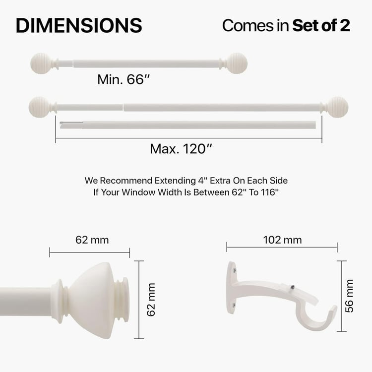 DECO WINDOW Staked Set of 2 Extendable Single Curtain Rods - 25mm, Ivory Matt (66-120in)