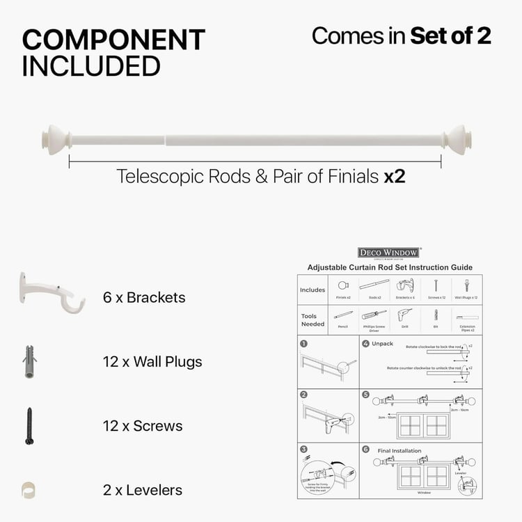 DECO WINDOW Staked Set of 2 Extendable Single Curtain Rods - 25mm, Ivory Matt (66-120in)