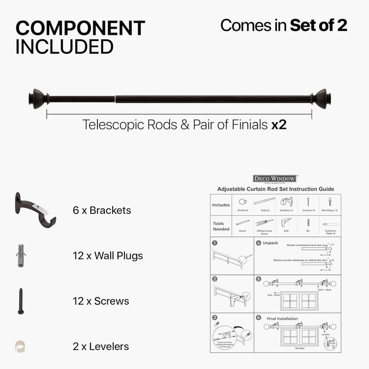 DECO WINDOW Staked Set of 2 Extendable Single Curtain Rods - 25mm, Brown BCB Matt (66-120in)