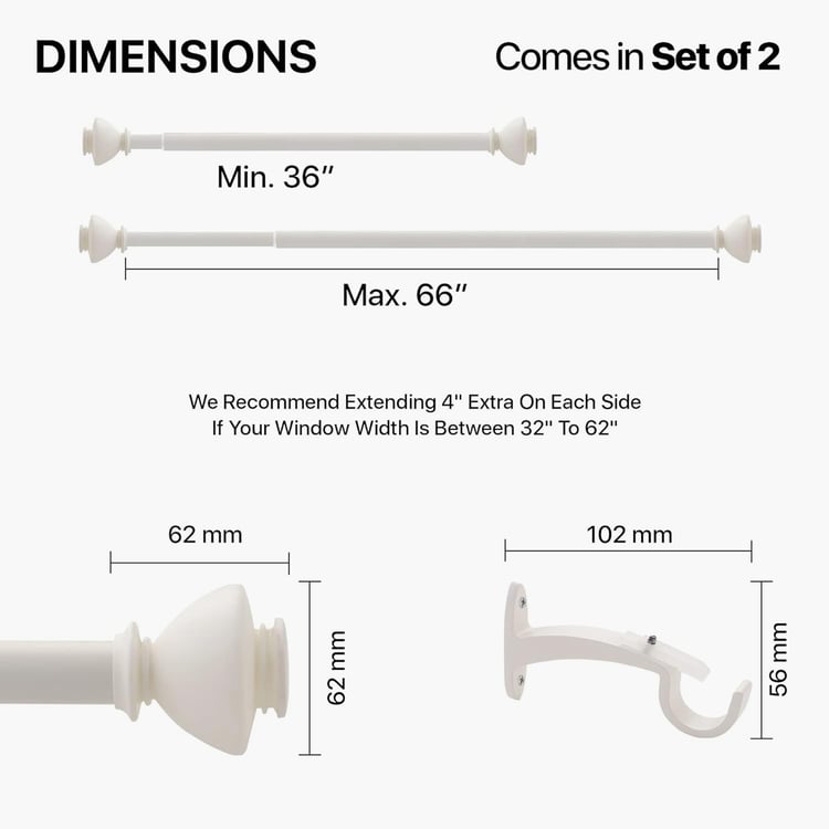 DECO WINDOW Staked Set of 2 Extendable Single Curtain Rods - 25mm, Ivory (36-66in)