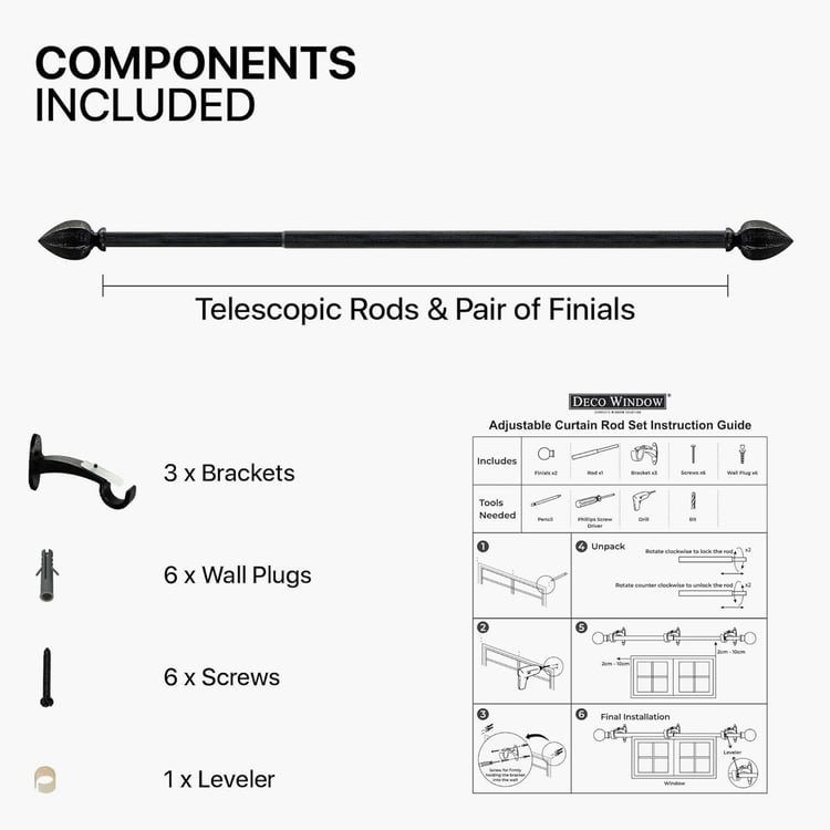 DECO WINDOW Hexagon Extendable Single Curtain Rods - 25mm, Black (36-66in)