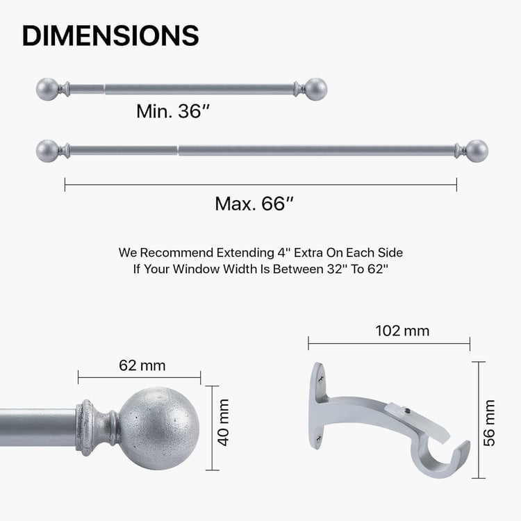 DECO WINDOW Ball Cast Extendable Single Curtain Rod - 25mm, Grey (36-66in)