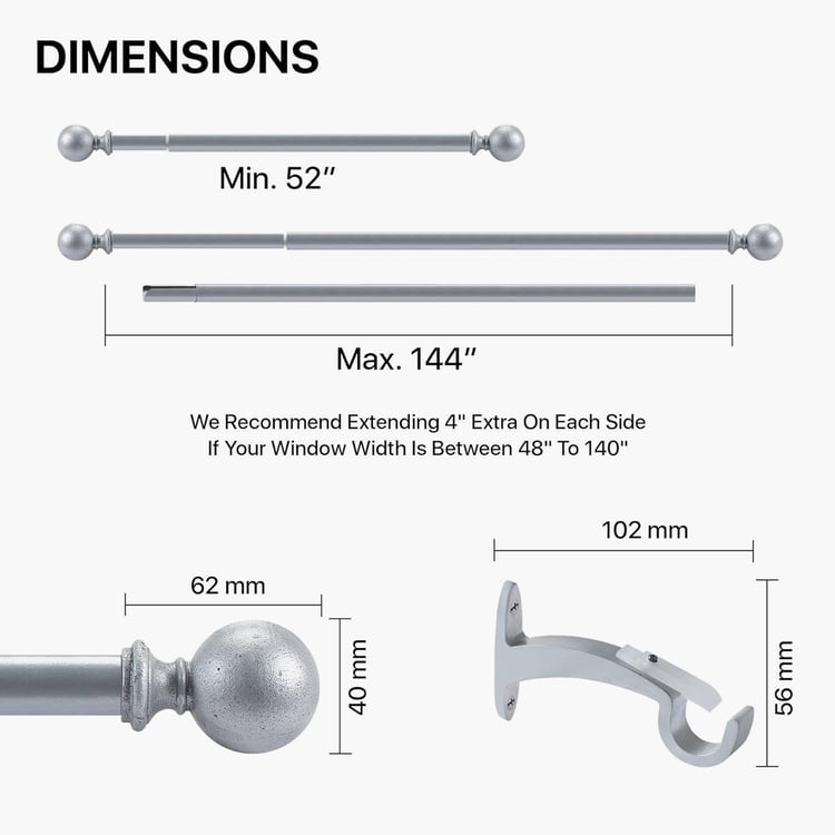 DECO WINDOW Ball Cast Extendable Single Curtain Rod - 25mm, Grey (52-144in)