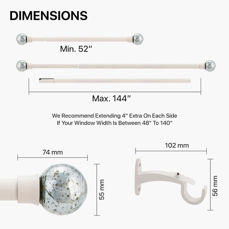 DECO WINDOW Kidball Extendable Single Curtain Rod - 25mm, Ivory Matt (52-144in)