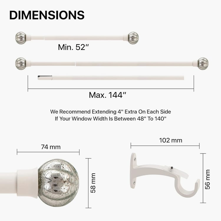 DECO WINDOW Kid Pum Extendable Single Curtain Rod - 25mm, Ivory (52-144in)