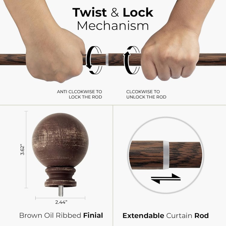 DECO WINDOW Ball Extendable Single Curtain Rod - 25mm, Walnut (36-66in)