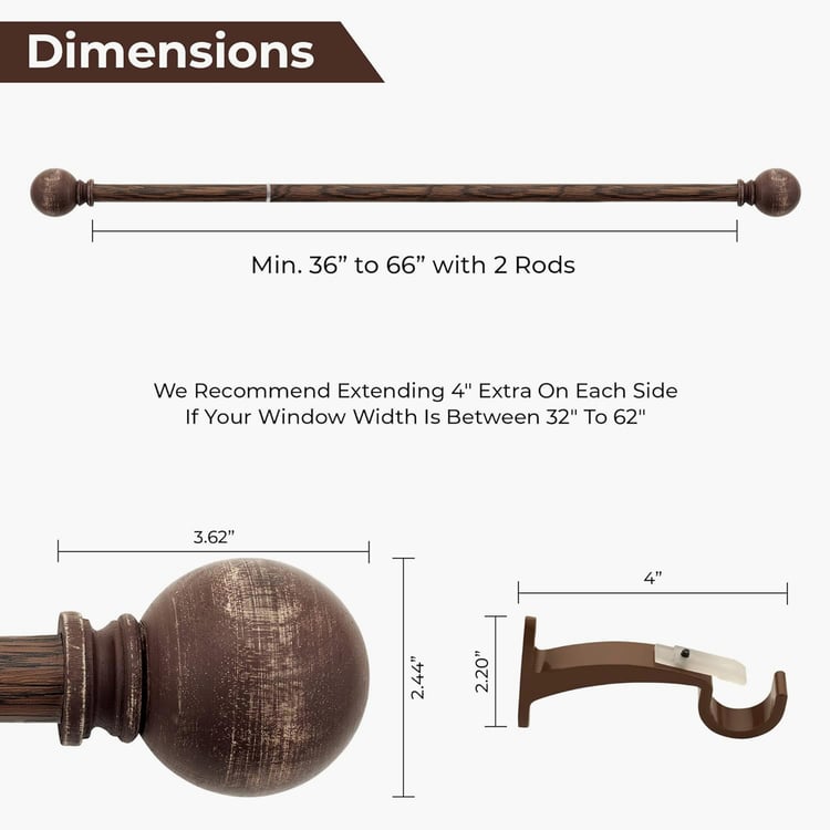 DECO WINDOW Ball Extendable Single Curtain Rod - 25mm, Walnut (36-66in)