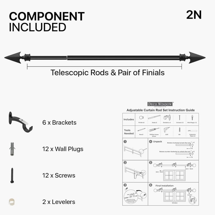 DECO WINDOW Arrow Set of 2 Extendable Single Curtain Rods - 19mm, Black (36-66in)