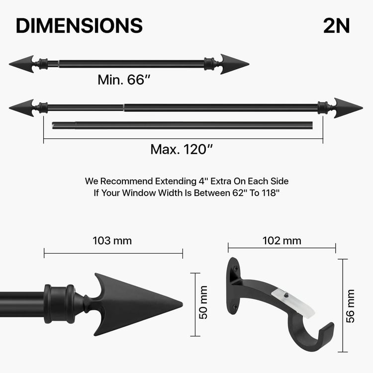 DECO WINDOW Arrow Set of 2 Extendable Single Curtain Rods - 19mm, Black (66-120in)