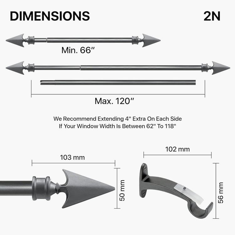 DECO WINDOW Arrow Set of 2 Extendable Single Curtain Rods - 19mm, Grey (66-120in)