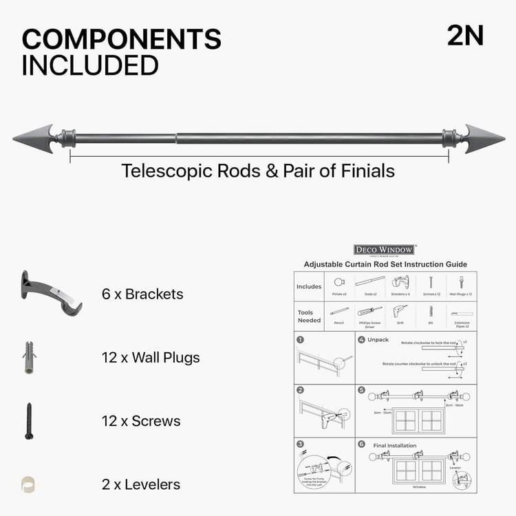DECO WINDOW Arrow Set of 2 Extendable Single Curtain Rods - 19mm, Grey (66-120in)