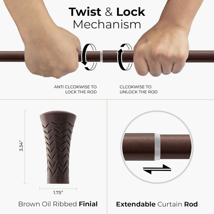 DECO WINDOW  Taper Set of 2 Extendable Single Curtain Rods - 19mm, Brown Oil Rubbed (36-66in)