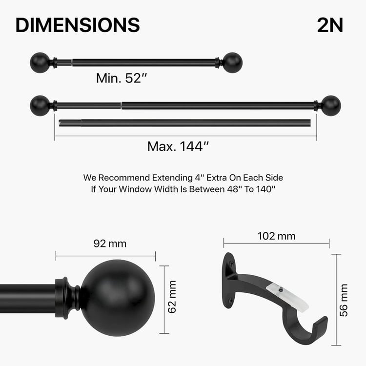 DECO WINDOW Ball Set of 2 Extendable Single Curtain Rods - 25mm, Black (52-144in)