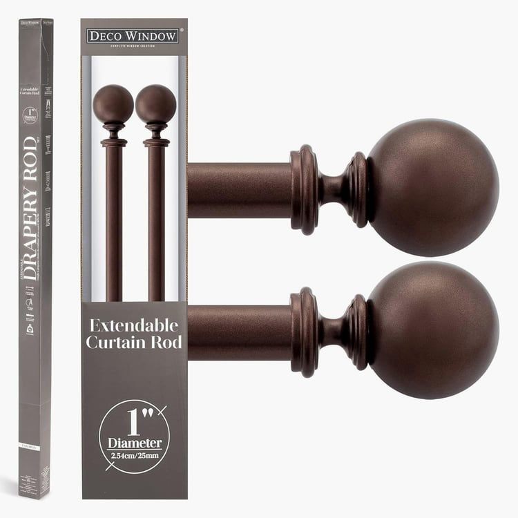 DECO WINDOW Ball Set of 2 Extendable Single Curtain Rods - 25mm, Brown (52-144in)